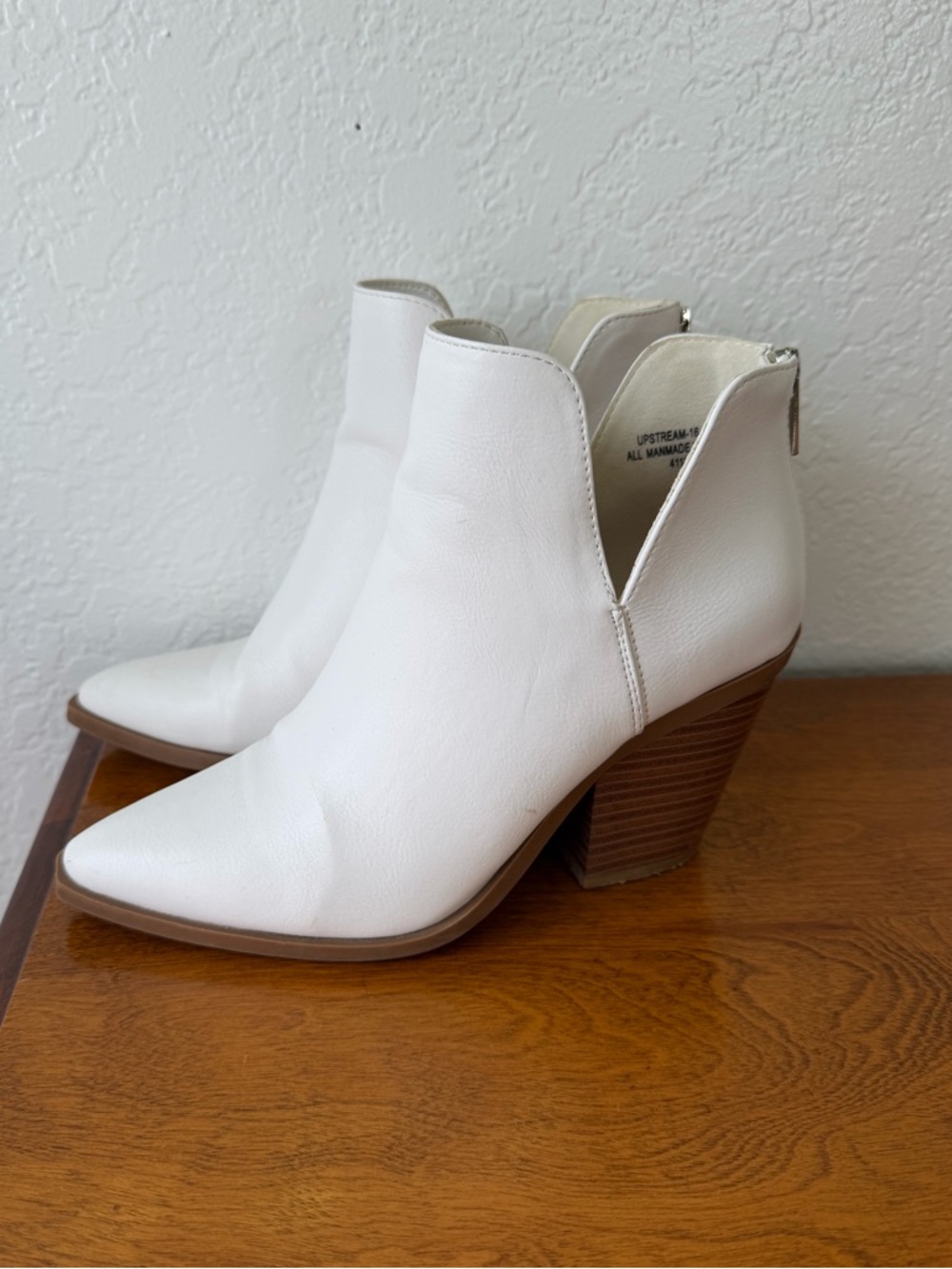 Chic White Faux Leather Pointed Ankle Booties with Stacked Heel